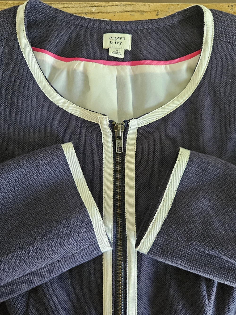 Crown & Ivy Navy White Trim Zip Front Jacket Blazer 100% Cotton M